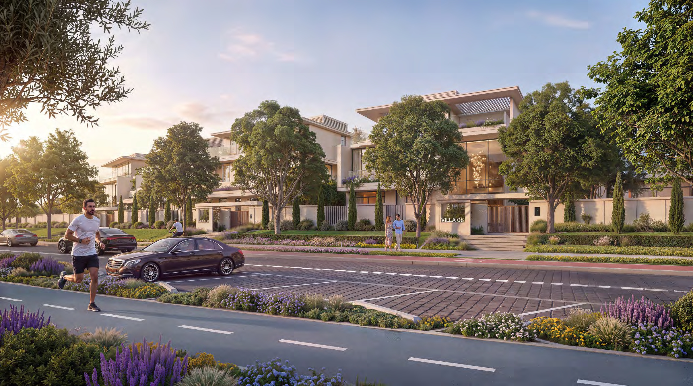 Azizi Florence villas along a landscaped street